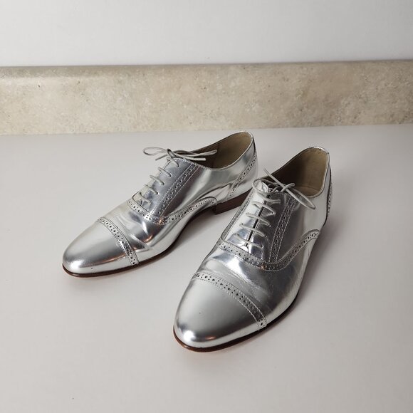 J.Crew made in Italy mirror metallic silver oxford leather shoes size 6.5 womens - Picture 5 of 14